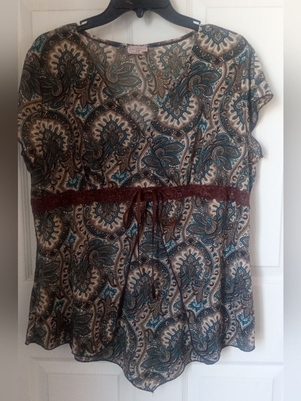 Women’s Paisley Lace-Trim Blouse in Teal and Brown